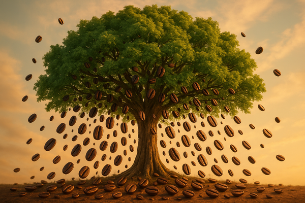 espresso beans raining from a large green tree